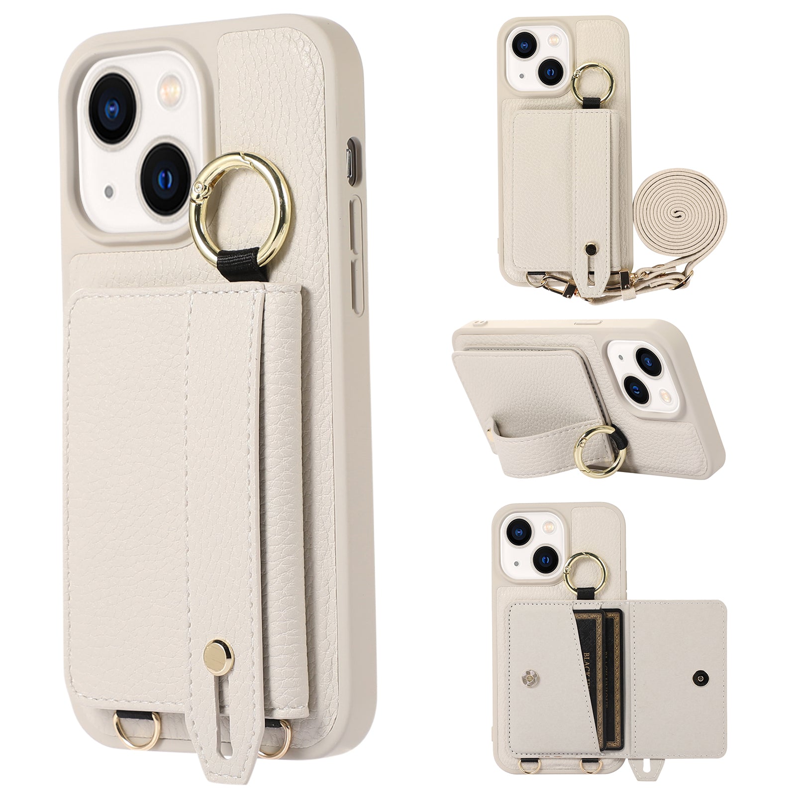 Anti-drop Cover for iPhone 14 Plus Card Holder Hand Strap Leather TPU Phone Kickstand Case with Shoulder Strap Anti-drop Cover for iPhone 14 Plus Card Holder Hand Strap Leather TPU Phone Kickstand Case with Shoulder Strap